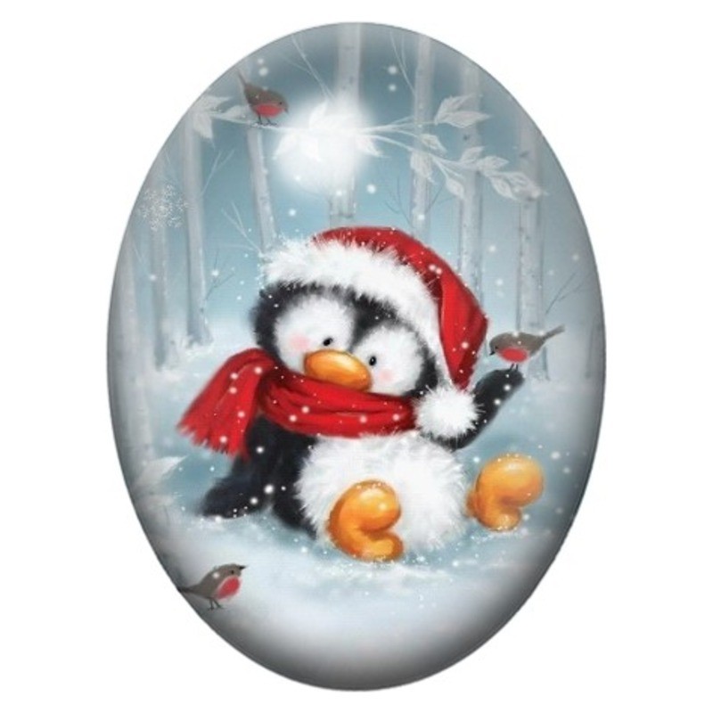 Cabochon en Verre Illustré Pingouin au Bonnet et à l’Écharpe Rouges 13x18, 18x25 ou 30x40mm