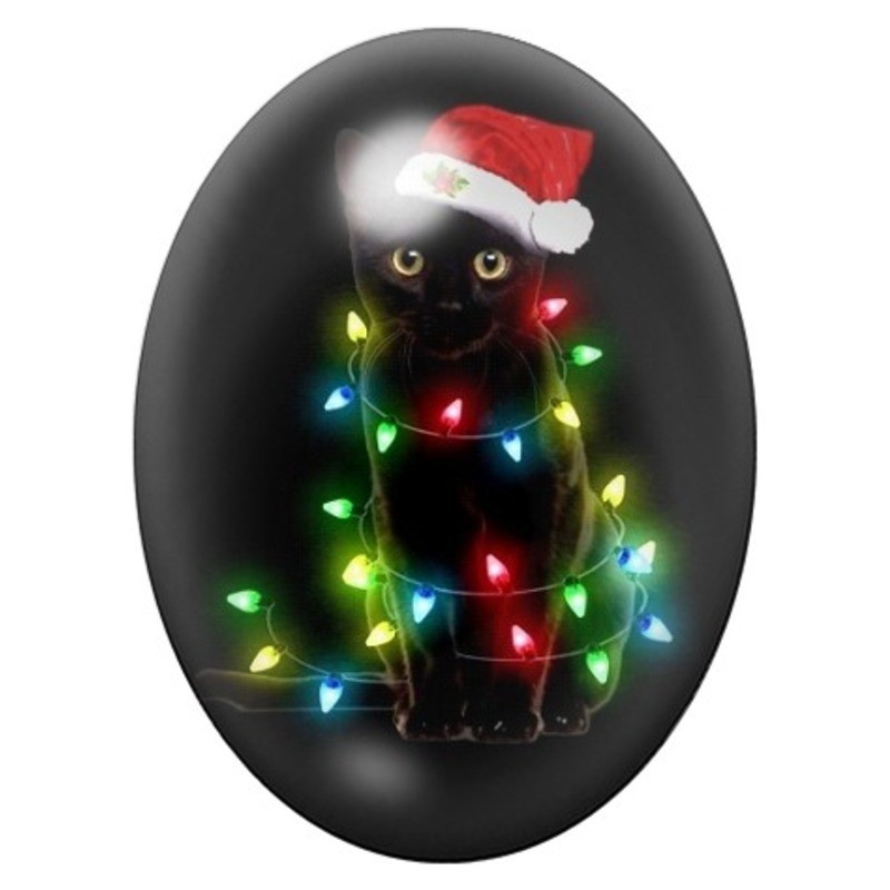 Cabochon en Verre Illustré Chat Noir dans une Guirlande de Noël 13x18, 18x25 ou 30x40mm