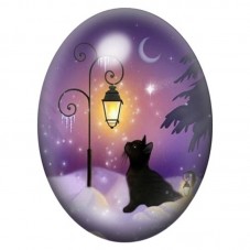 Cabochon en Verre Illustré Chat Noir sous un Réverbère de Noël 13x18, 18x25 ou 30x40mm pour la création de bijoux fantaisie - DI