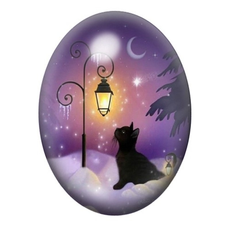 Cabochon en Verre Illustré Chat Hiver Noël 13x18, 18x25 ou 30x40mm