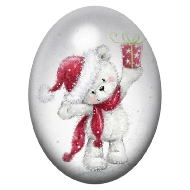 Cabochon en Verre Illustré Ours Blanc avec Cadeau de Noël 13x18, 18x25 ou 30x40mm