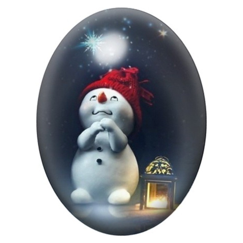 Cabochon en Verre Illustré Bonhomme de Neige à la Lanterne 13x18, 18x25 ou 30x40mm