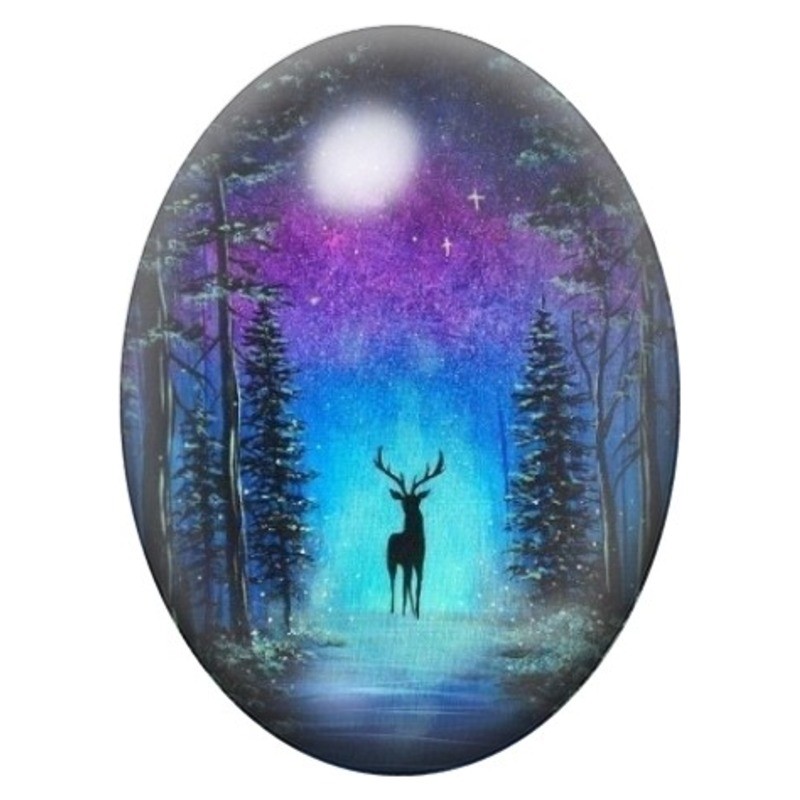 Cabochon en Verre Illustré Cerf sous une Aurore Boréale 13x18, 18x25 ou 30x40mm