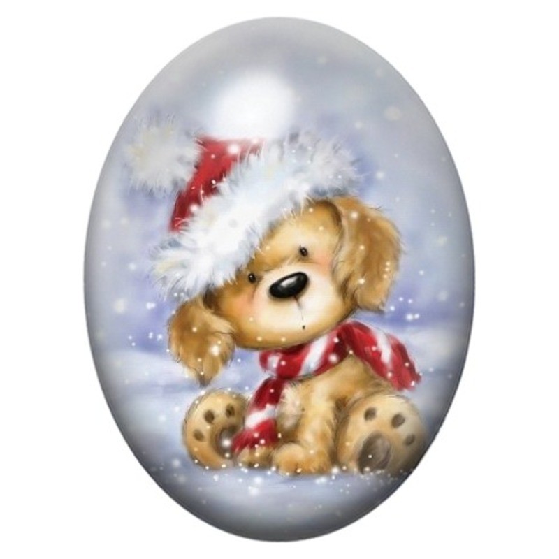 Cabochon en Verre Illustré Chiot au Bonnet de Noël 13x18, 18x25 ou 30x40mm