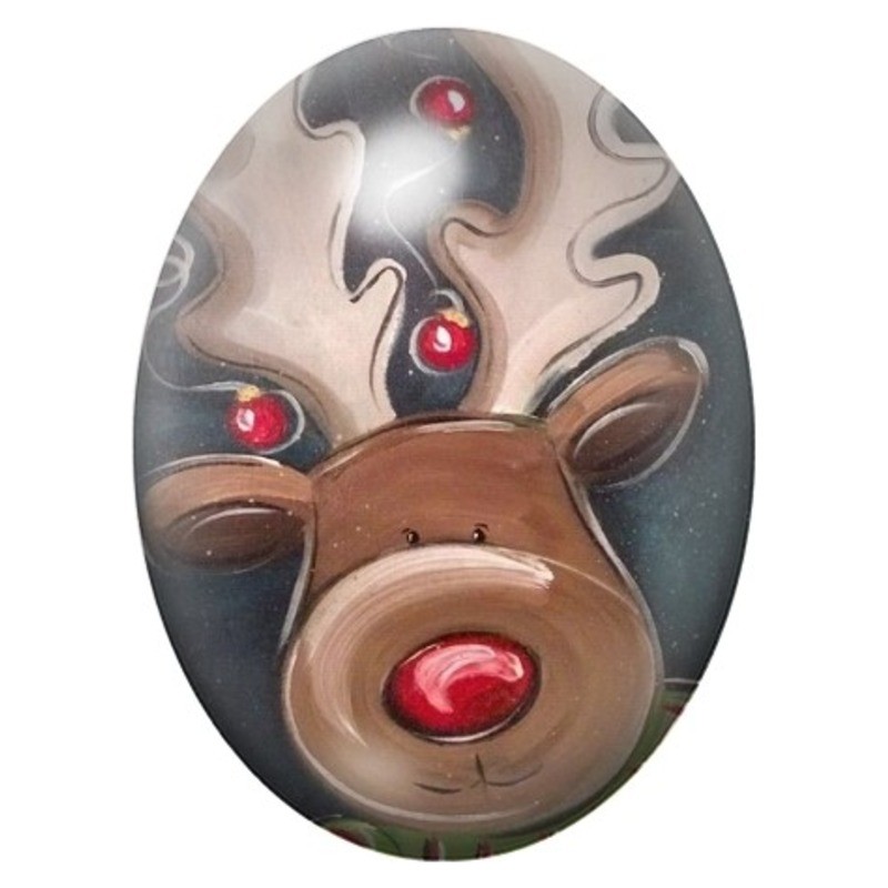Cabochon en Verre Illustré Renne au Nez Rouge et Boules de Noël 13x18, 18x25 ou 30x40mm