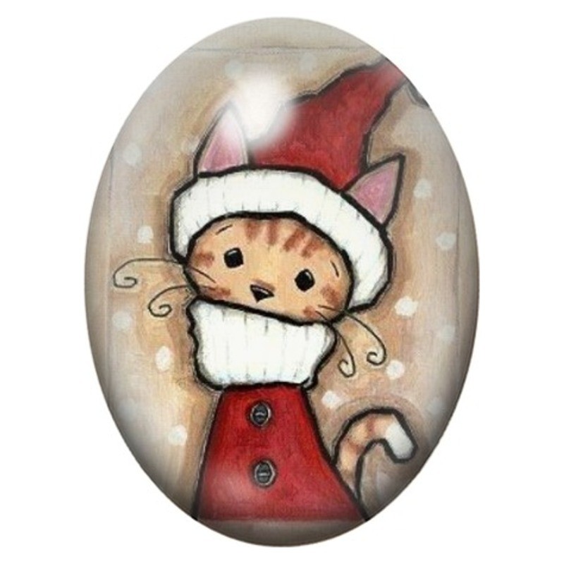 Cabochon en Verre Illustré Chat au Bonnet de Noël 13x18, 18x25 ou 30x40mm