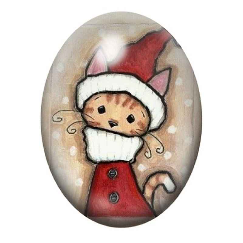 Cabochon en Verre Illustré Chat Hiver Noël 13x18, 18x25 ou 30x40mm