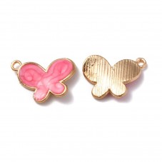 4 Breloques Papillon en Émail Rose Métal Doré 17x12mm