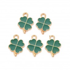 2 Breloques Trèfle à Quatre Feuille Porte-Bonheur en Émail Vert Métal Doré 18x12mm