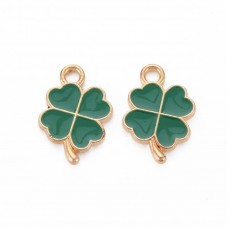 2 Breloques Trèfle à Quatre Feuille Porte-Bonheur en Émail Vert Métal Doré 18x12mm pour la Création de Bijoux Fantaisie - DIY