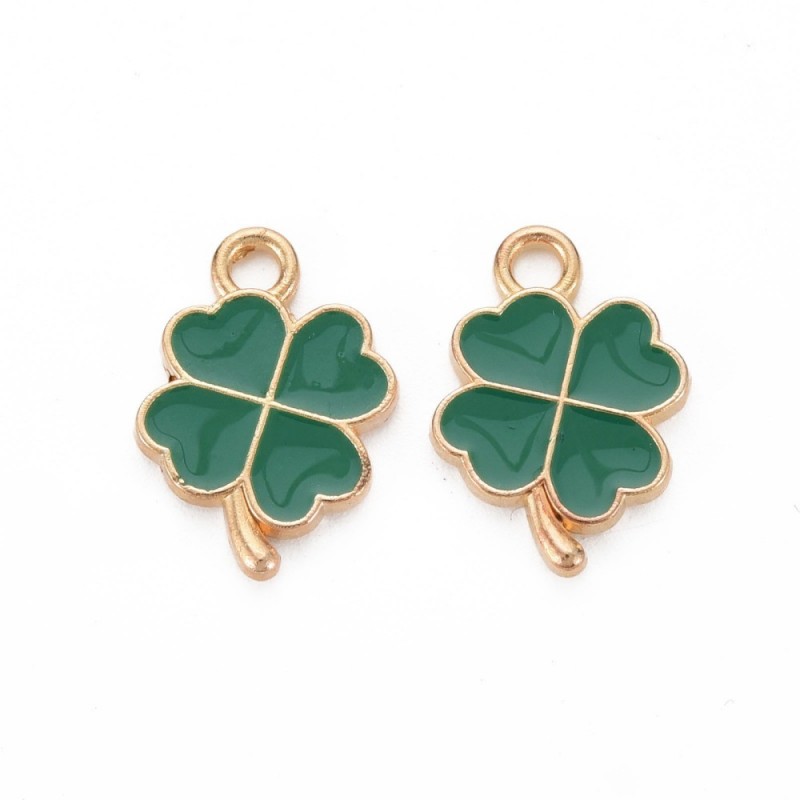 2 Breloques Trèfles à Quatre Feuilles en Émail Vert Métal Doré 18x12mm