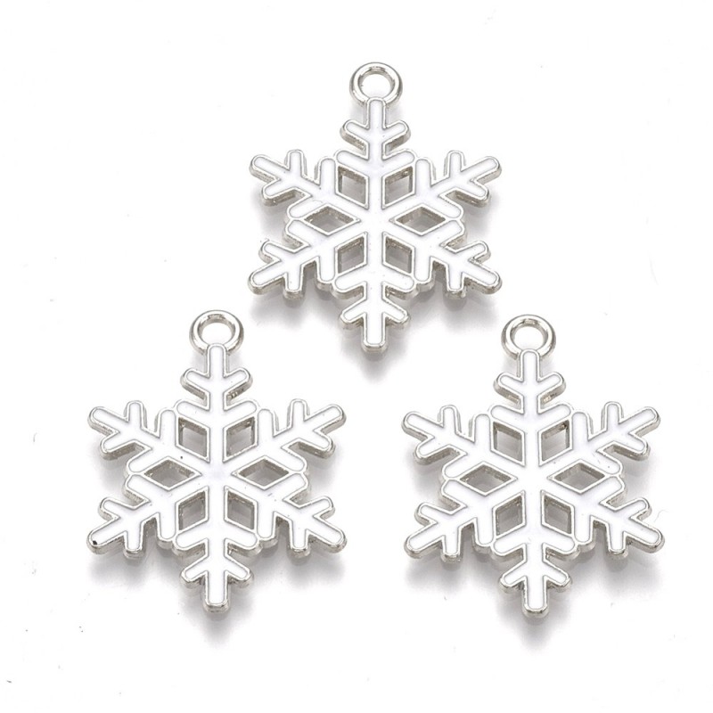 2 Breloques Flocons de Neige en Émail Blanc Métal Argenté 25x19mm