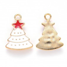 2 Breloques Sapins de Noël en Émail Blanc Métal Doré 22x16mm