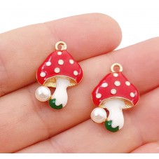 2 Breloques Champignon en Émail Rouge Métal Doré 23x16mm pour la Création de Bijoux Fantaisie - DIY