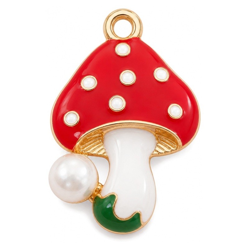2 Breloques Champignon en Émail Rouge Métal Doré 23x16mm