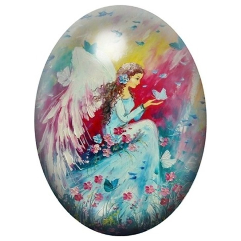 Cabochon en Verre Illustré Ange Fleuri aux Ailes Roses 13x18, 18x25 ou 30x40mm