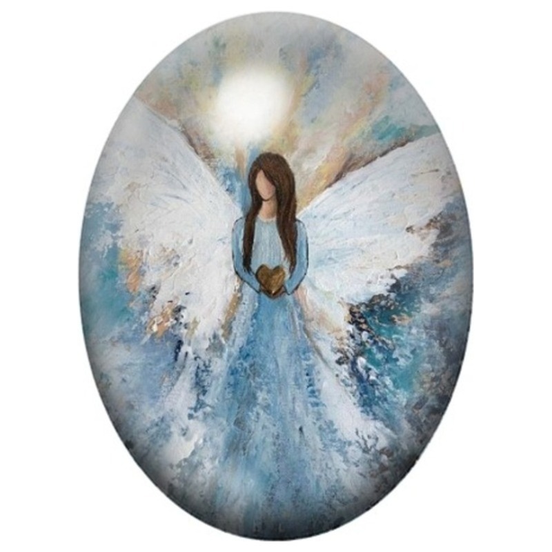 Cabochon en Verre Illustré Ange en Robe Bleue aux Grandes Ailes 13x18, 18x25 ou 30x40mm