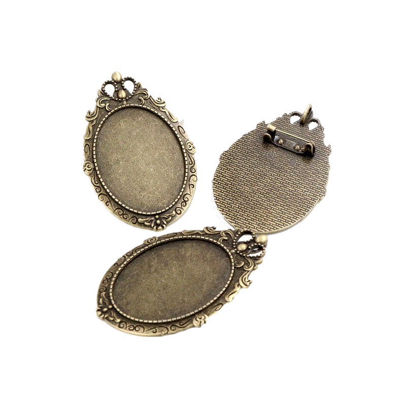 Support Broche Bronze Ornementé pour Cabochon Ovale 30x40mm
