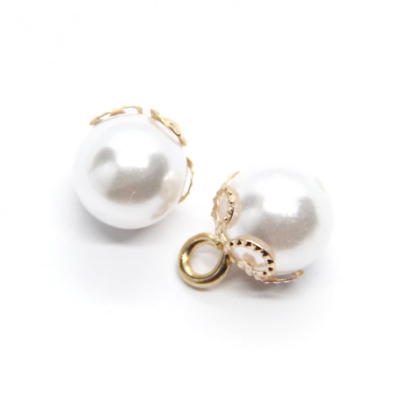 2 Breloques Perle Couleur Blanc 10mm Métal Doré