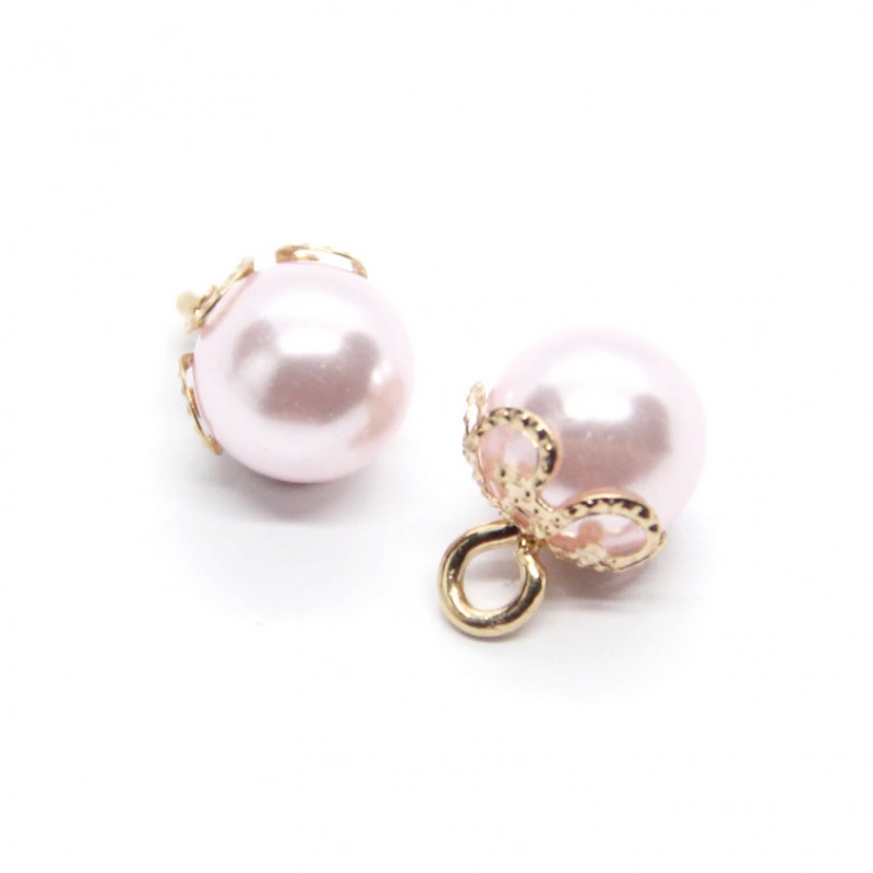 2 Breloques Perle Couleur Rose 10mm Métal Doré