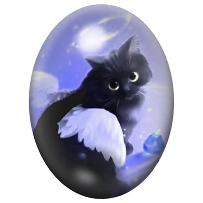 Cabochon en Verre Illustré Chat Noir aux Ailes d’Ange 13x18, 18x25 ou 30x40mm
