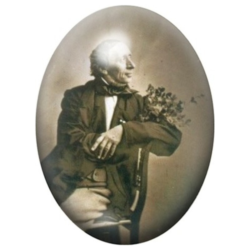 Cabochon en Verre Illustré Hans Christian Andersen Assis avec des Fleurs 13x18, 18x25 ou 30x40mm