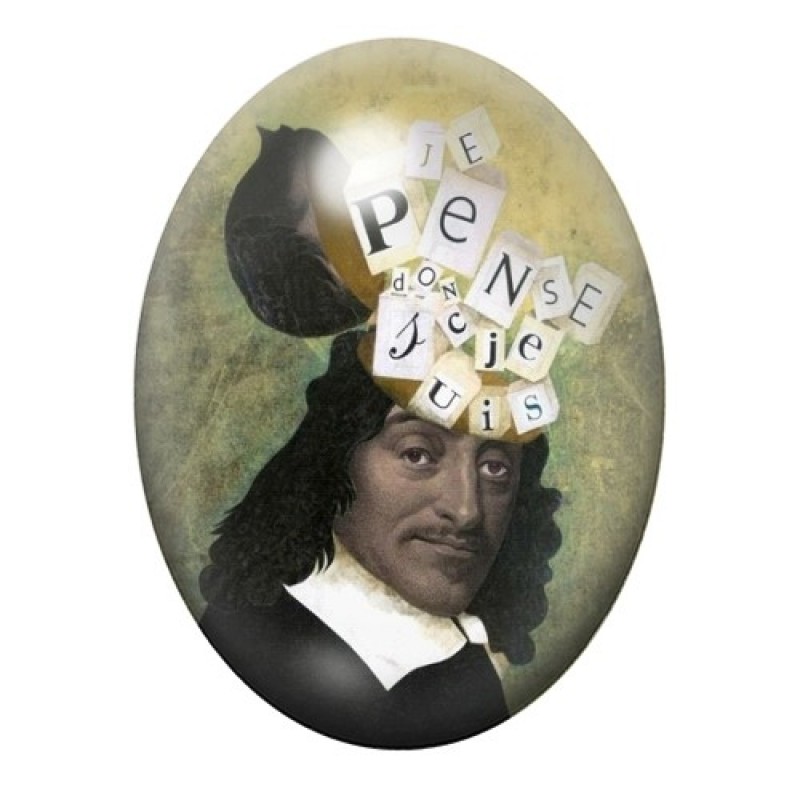 Cabochon en Verre Illustré René Descartes" Je pense donc je suis" 13x18, 18x25 ou 30x40mm