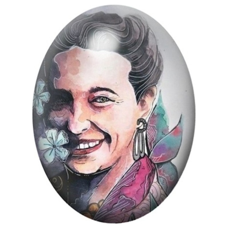 Cabochon en Verre Illustré Simone de Beauvoir Portrait Coloré et Souriant 13x18, 18x25 ou 30x40mm