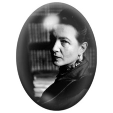 Cabochon en Verre Illustré Simone de Beauvoir devant une Bibliothèque 13x18, 18x25 ou 30x40mm pour la création de bijoux fantais