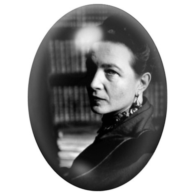 Cabochon en Verre Illustré Simone de Beauvoir devant une Bibliothèque 13x18, 18x25 ou 30x40mm