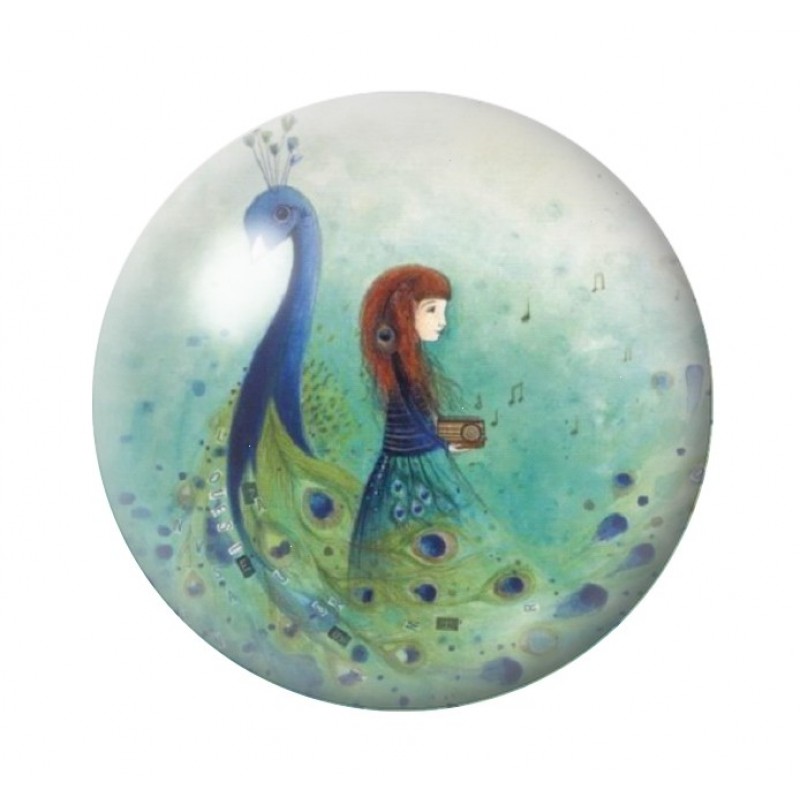 Cabochon en Verre Illustré Jeune Fille Paon 12 à 25mm