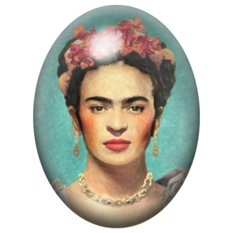 Cabochon en Verre Illustré Frida Kahlo Portrait sur Fond Turquoise 13x18, 18x25 ou 30x40mm