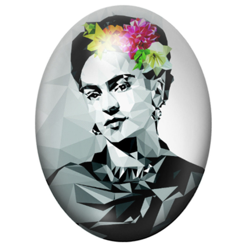 Cabochon en Verre Illustré Frida Kahlo Portrait Polygonal aux Fleurs 13x18, 18x25 ou 30x40mm