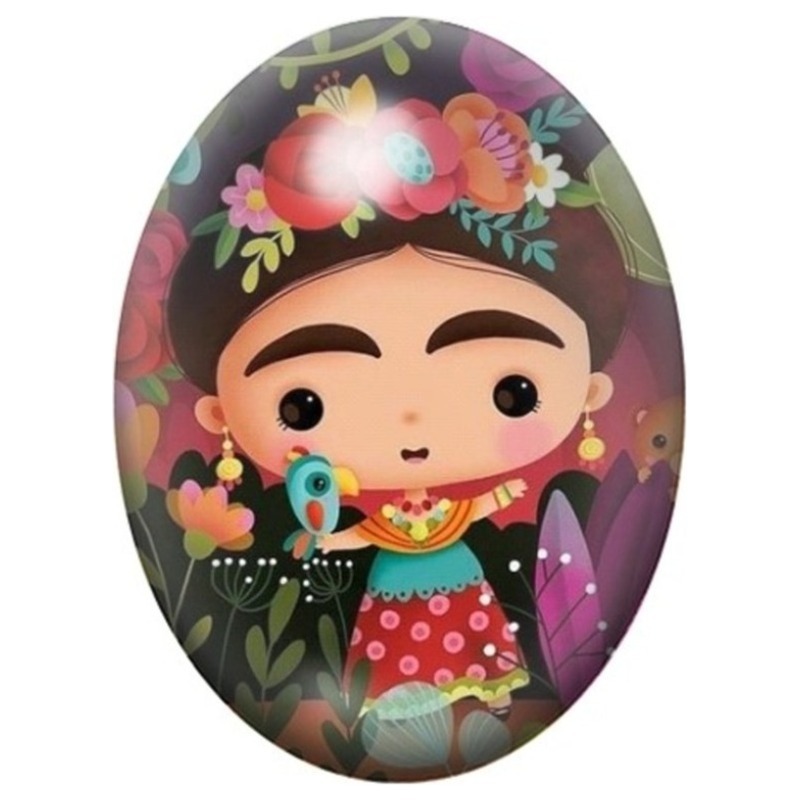 Cabochon en Verre Illustré Frida Kahlo Kawaii avec Petit Singe 13x18, 18x25 ou 30x40mm