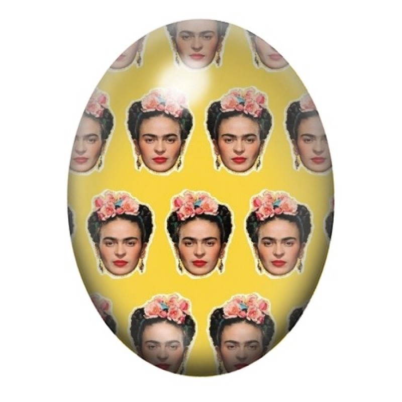 Cabochon en Verre Illustré Frida Kahlo Motif de Portraits sur Fond Jaune 13x18, 18x25 ou 30x40mm