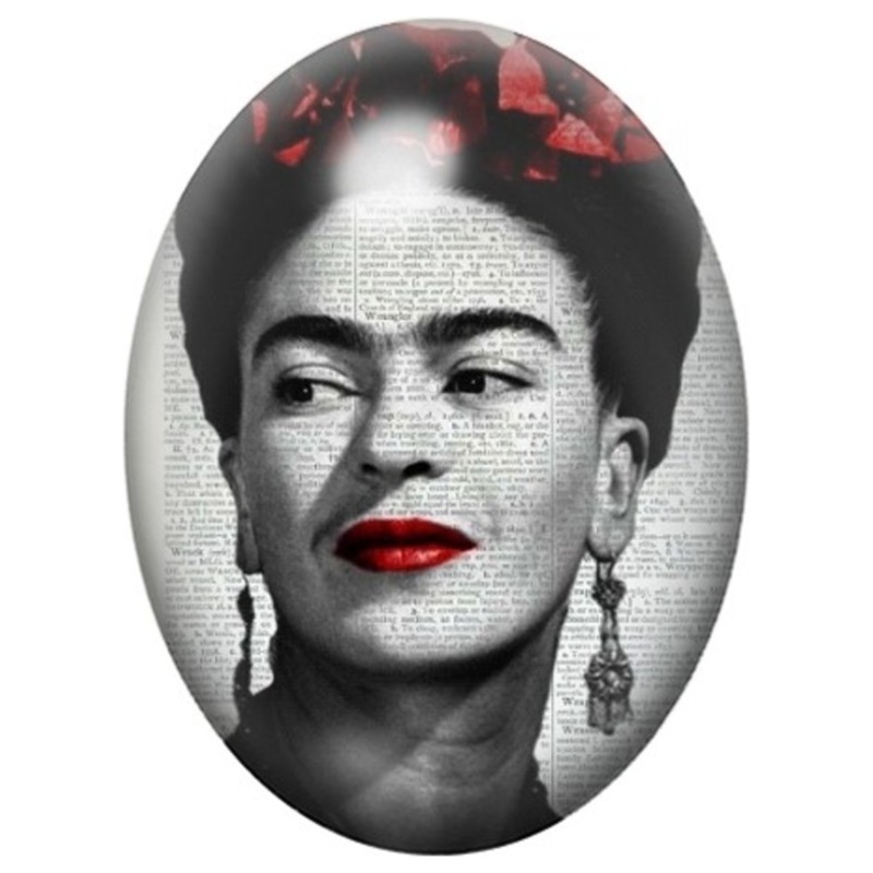 Cabochon en Verre Illustré Frida Kahlo Noir et Blanc aux Lèvres Rouges 13x18, 18x25 ou 30x40mm