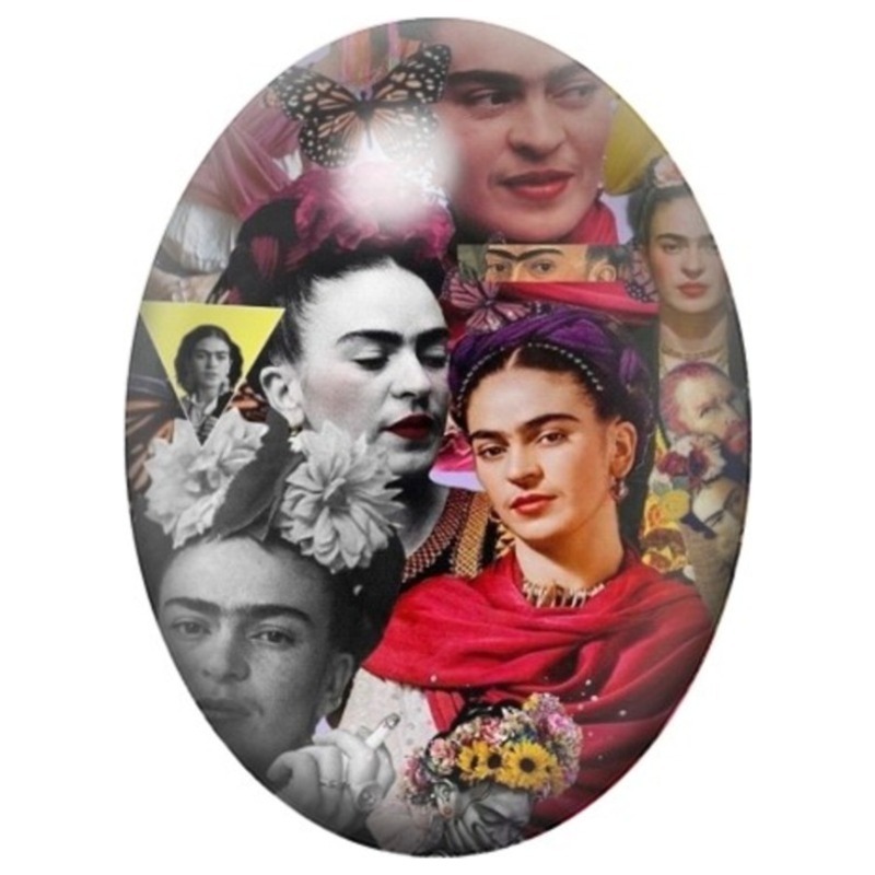 Cabochon en Verre Illustré Frida Kahlo Collage Rouge et Noir 13x18, 18x25 ou 30x40mm