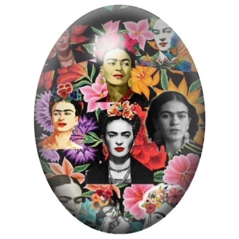 Cabochon en Verre Illustré Frida Kahlo Collage de Portraits Fleuris 13x18, 18x25 ou 30x40mm