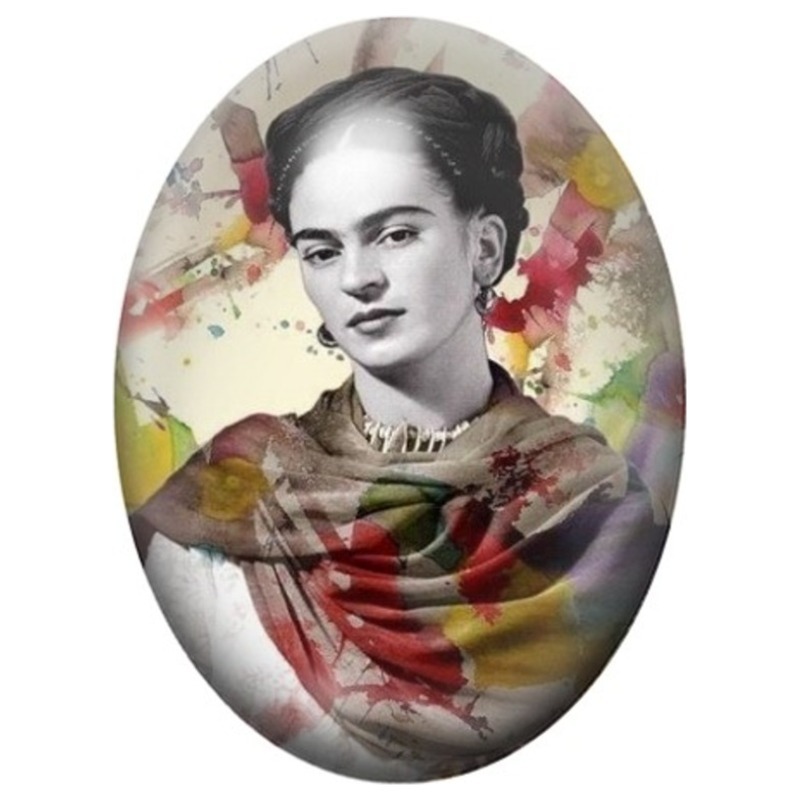Cabochon en Verre Illustré Frida Kahlo Portrait Vintage au Châle Rouge 13x18, 18x25 ou 30x40mm