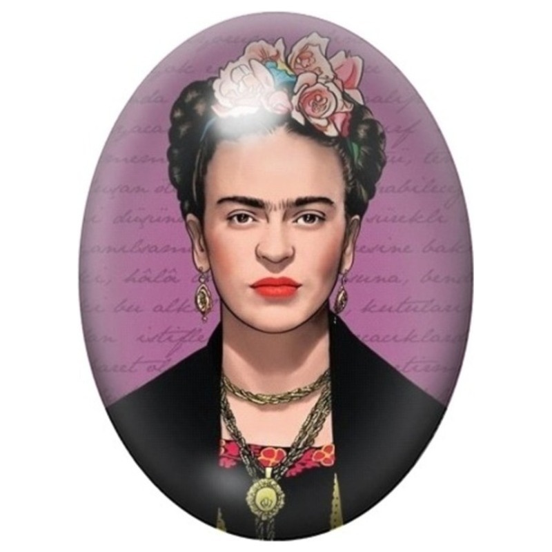Cabochon en Verre Illustré Frida Kahlo sur Fond Mauve Écrit 13x18, 18x25 ou 30x40mm