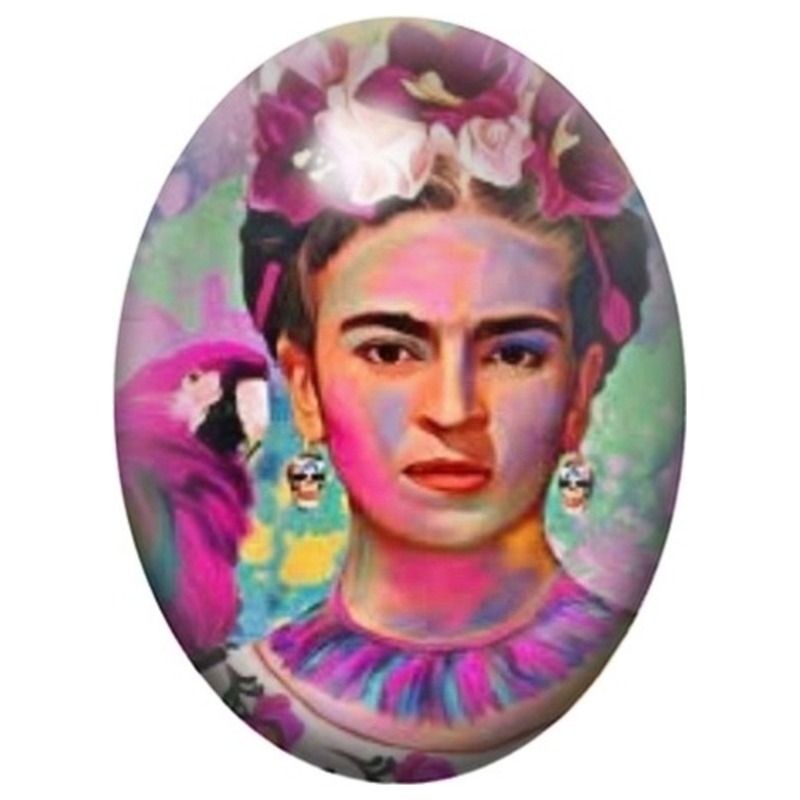 Cabochon en Verre Illustré Frida Kahlo Portrait Violet aux Fleurs 13x18, 18x25 ou 30x40mm