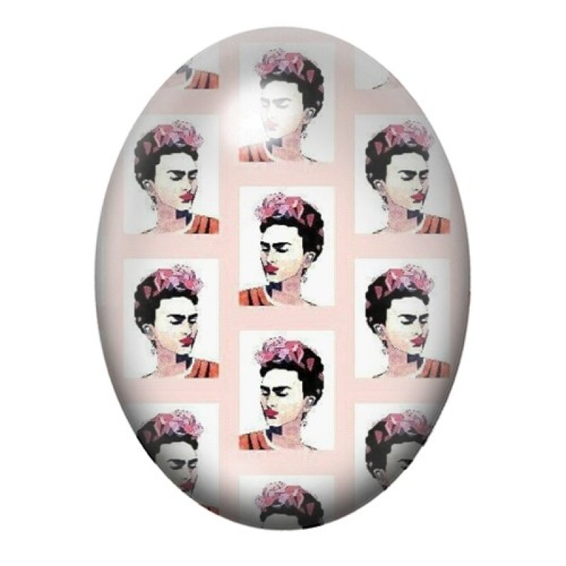 Cabochon en Verre Illustré Frida Kahlo Motif de Portraits sur Fond Rose 13x18, 18x25 ou 30x40mm