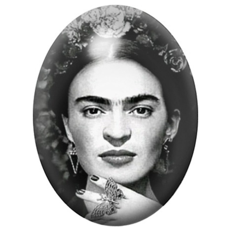 Cabochon en Verre Illustré Frida Kahlo Noir et Blanc avec Petit Chien 13x18, 18x25 ou 30x40mm
