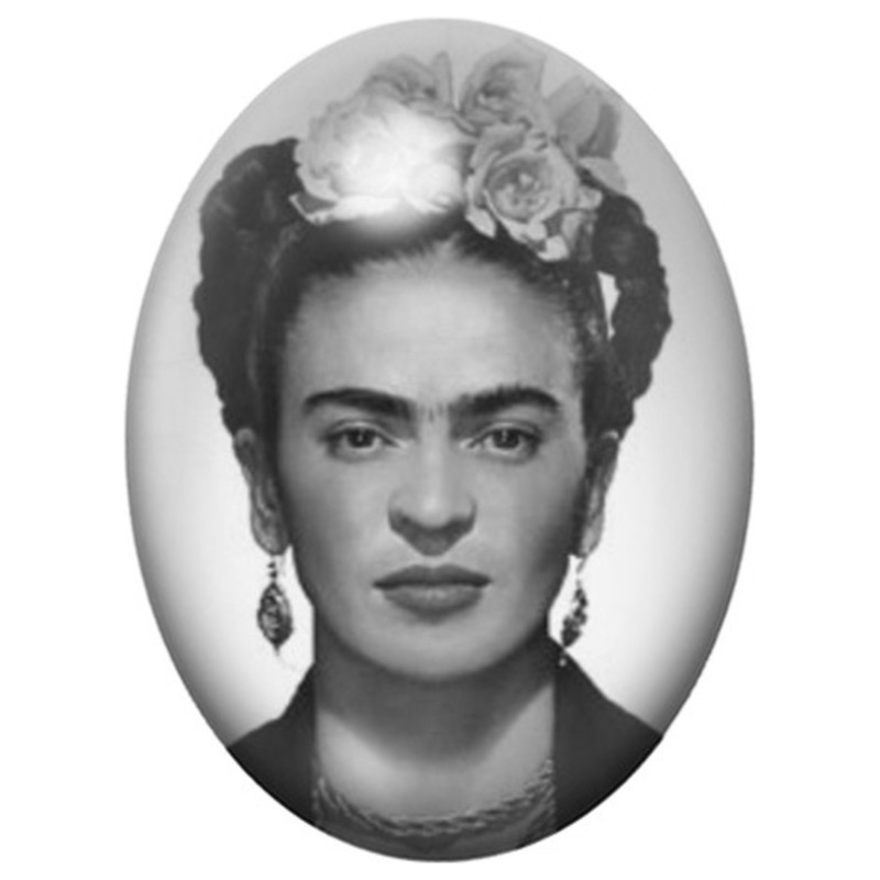 Cabochon en Verre Illustré Frida Kahlo Portrait Noir et Blanc 13x18, 18x25 ou 30x40mm