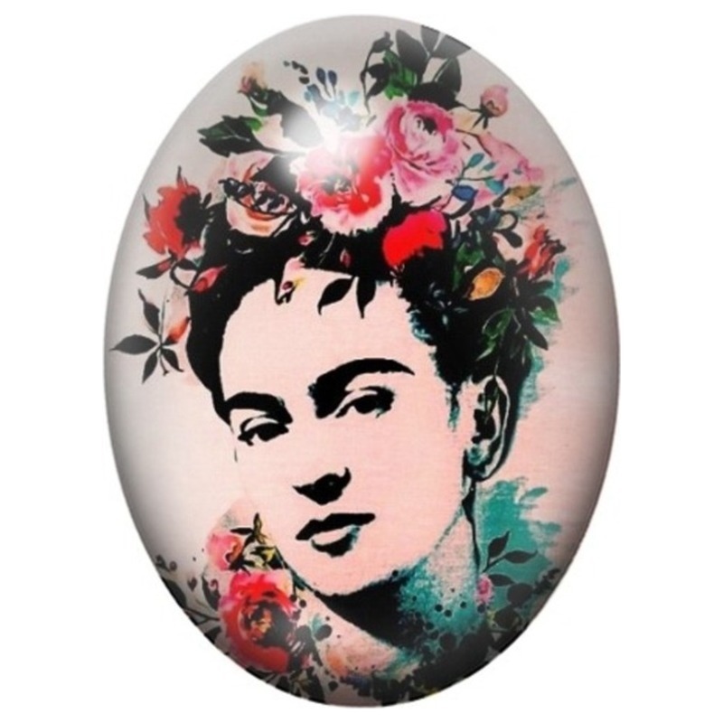 Cabochon en Verre Illustré Frida Kahlo Portrait Graphique aux Roses 13x18, 18x25 ou 30x40mm