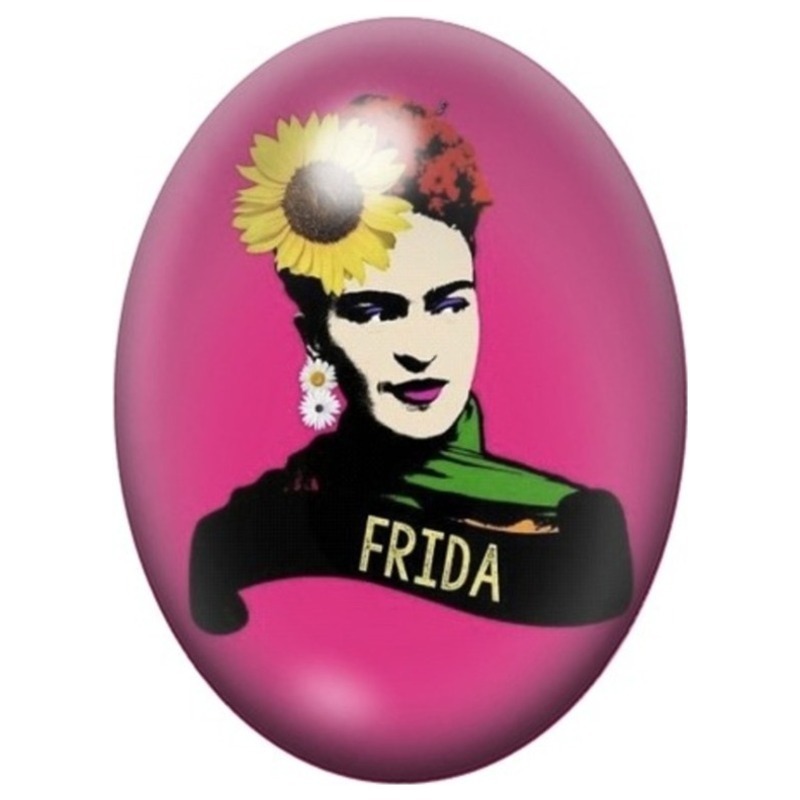 Cabochon en Verre Illustré Frida Kahlo au Tournesol sur Fond Rose 13x18, 18x25 ou 30x40mm