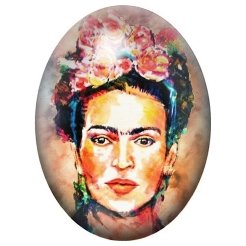 Cabochon en Verre Illustré Frida Kahlo Portrait Fleuri aux Tons Corail 13x18, 18x25 ou 30x40mm