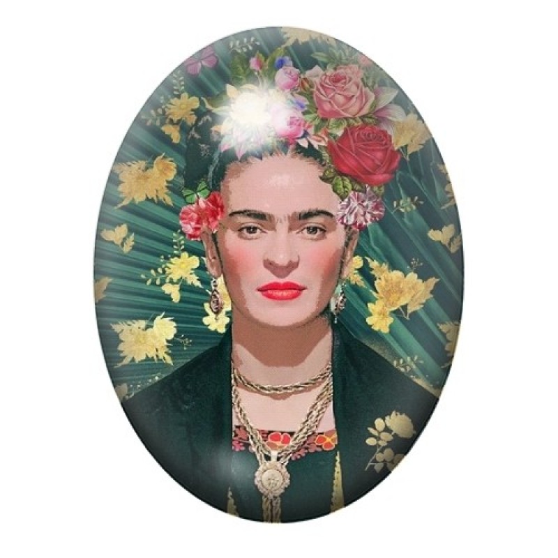 Cabochon en Verre Illustré Frida Kahlo au Feuillage Tropical 13x18, 18x25 ou 30x40mm