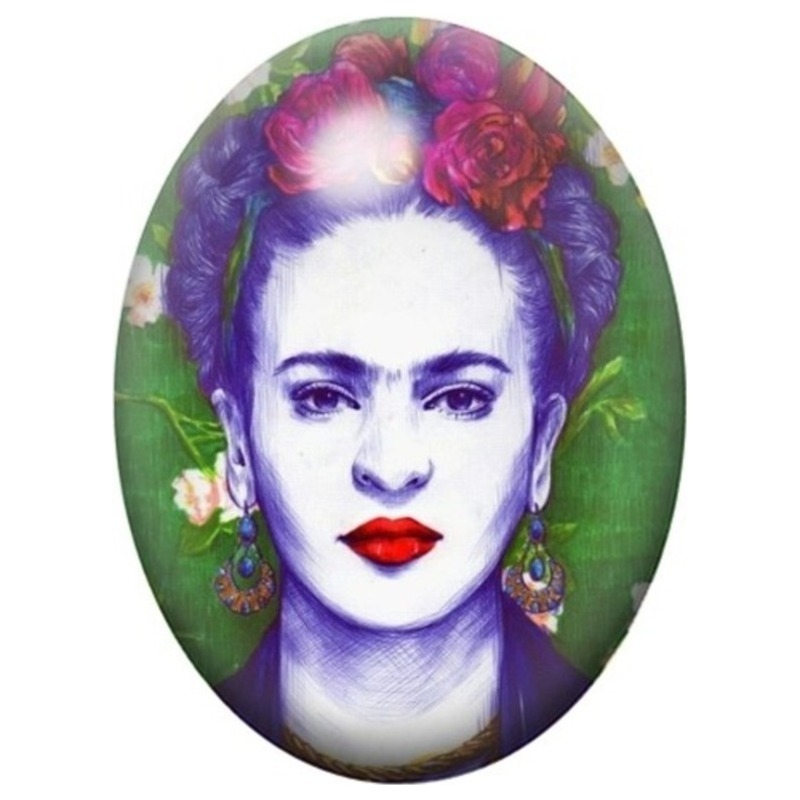 Cabochon en Verre Illustré Frida Kahlo Portrait Bleu aux Lèvres Rouges 13x18, 18x25 ou 30x40mm