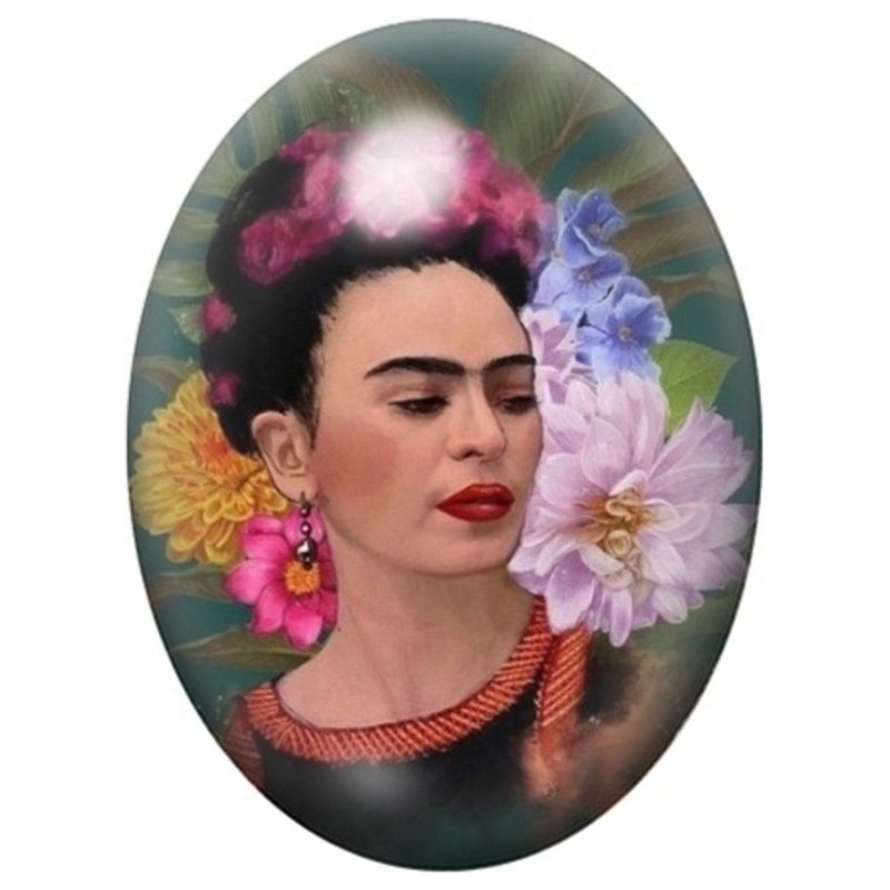 Cabochon en Verre Illustré Frida Kahlo de Profil aux Grandes Fleurs 13x18, 18x25 ou 30x40mm